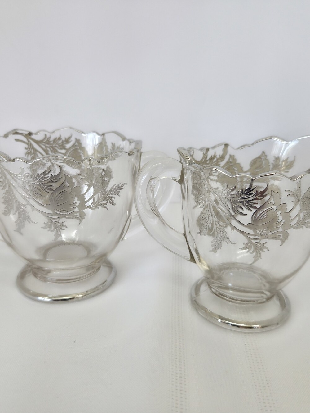 VTG Sterling Silver Overlay Flanders Poppy Crystal Creamer & Sugar Bowl Set